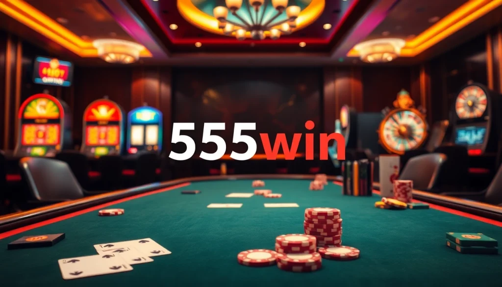 Experience intense gameplay at 555win's poker table surrounded by vibrant casino elements.