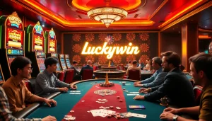 Engage with Luckywin at an exciting casino featuring vibrant slot machines and poker tables.