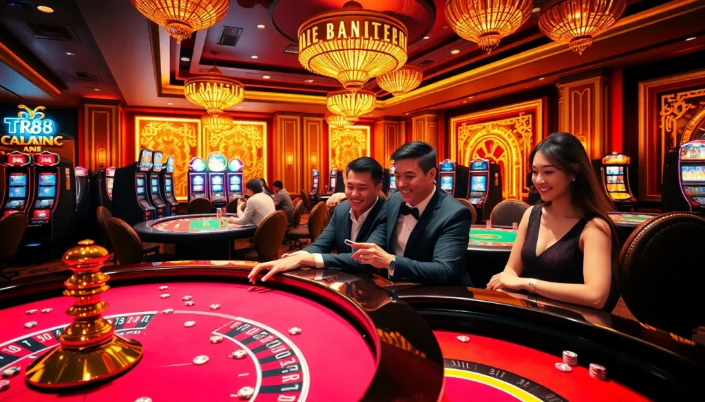 Players enjoying the thrill of TR88 nổ hũ at a vibrant casino table.