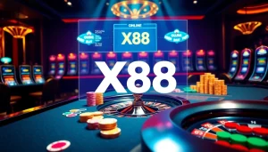 Experience thrilling gameplay at X88 with vibrant casino tables, chips, and roulette wheels.