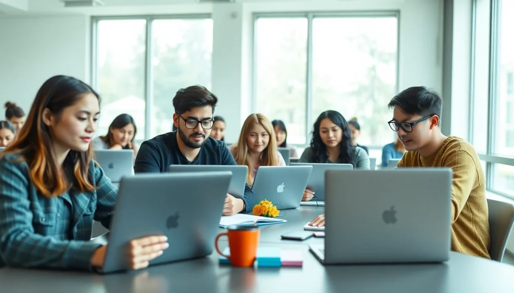 スタディサプリ TOEIC料金対策のため、刺激的な教室でノートパソコンを使って勉強する学生たち
