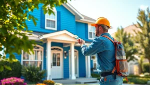 House Painters applying vibrant blue paint on a suburban home.
