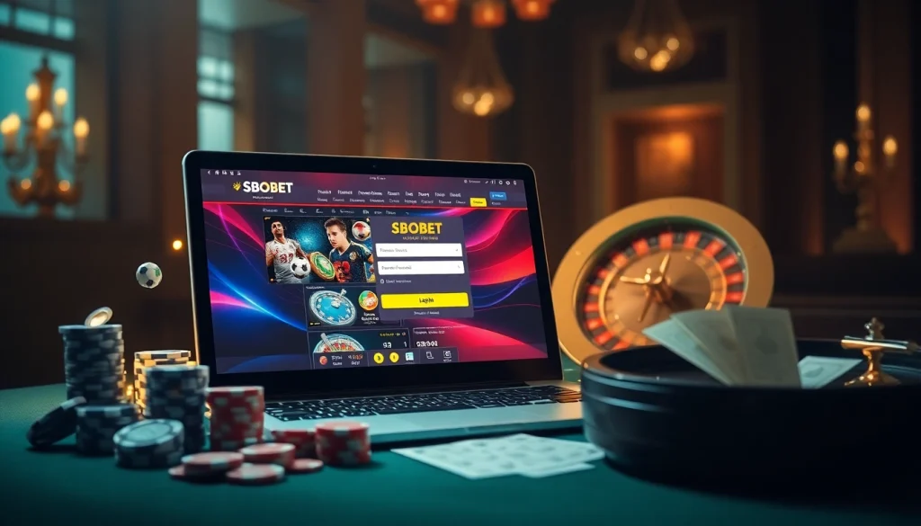 SBOBET login interface displayed on a sleek device surrounded by vibrant gambling elements