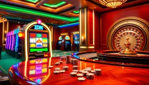 IDN slot machine lighting up in an upscale casino with poker chips and vibrant energy.