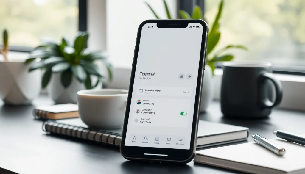 Explore the features of the temp mail app on a modern mobile device in a serene workspace.