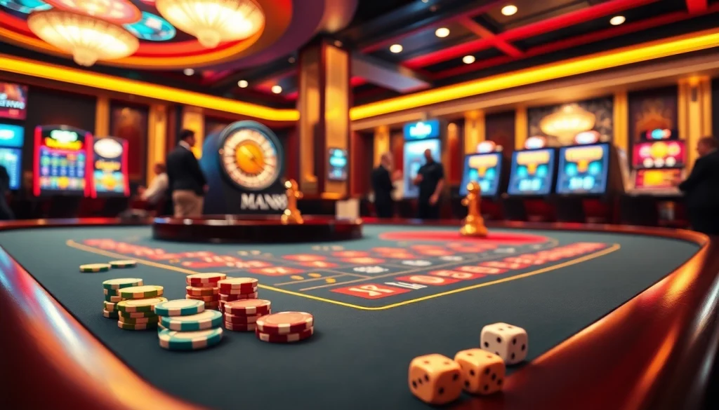 Engaging scene of a luxurious casino with Man88 poker table and vibrant slot machines.