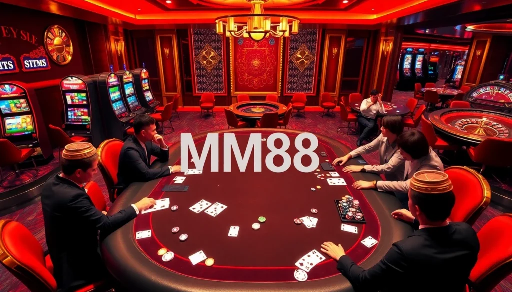 Players enjoying a competitive poker game at MM88 casino, showcasing excitement and luxury.