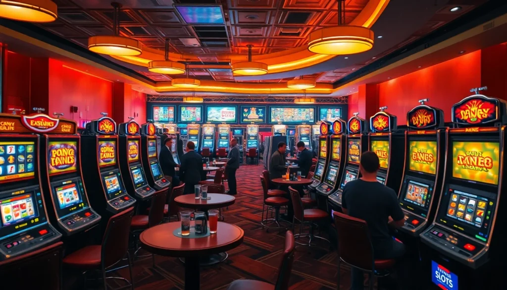 Permainan slot depo 1k menampilkan suasana kasino yang cerah dan menarik dengan mesin slot modern.