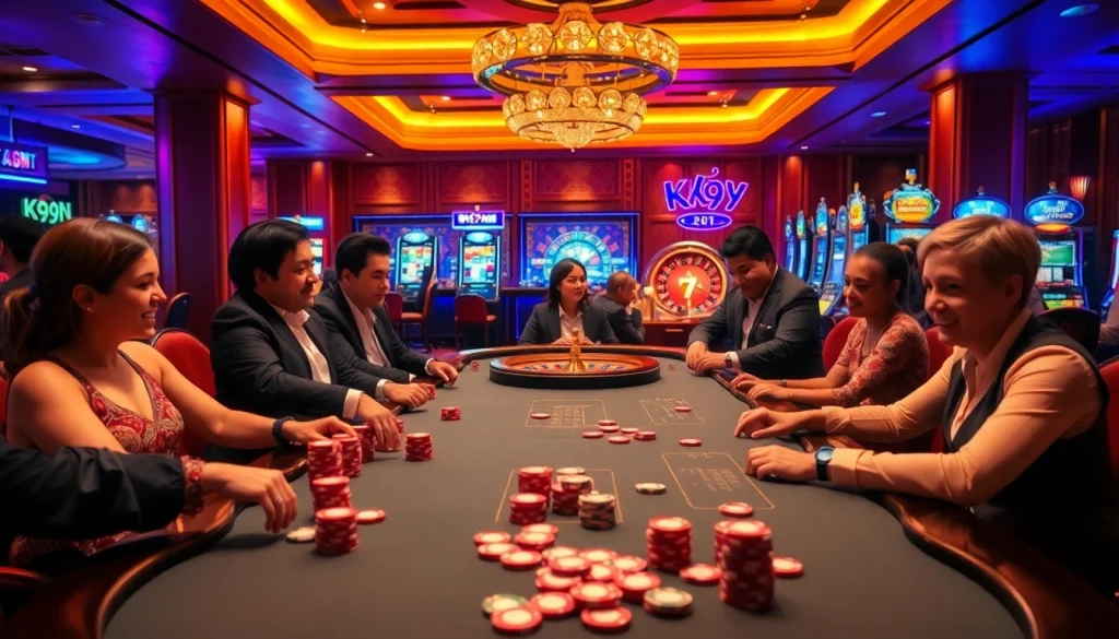 Players engaging at a k9k9-themed casino table filled with vibrant chips and cards.