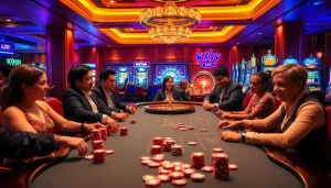 Players engaging at a k9k9-themed casino table filled with vibrant chips and cards.