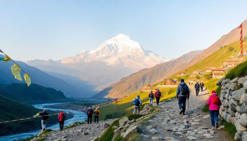 Explore the stunning Manaslu trekking route with breathtaking views of mountains and vibrant trekking scenes.