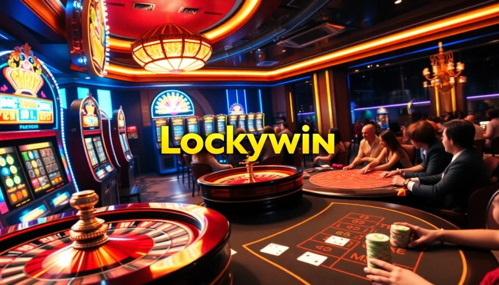 Experience the thrill of Luckywin with vibrant casino visuals featuring slot machines and poker games.