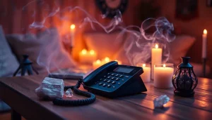 温かな電話環境で、ろうそくと水晶を備えた電話占い 当たるのシーン。安らぎと霊性を誘う。