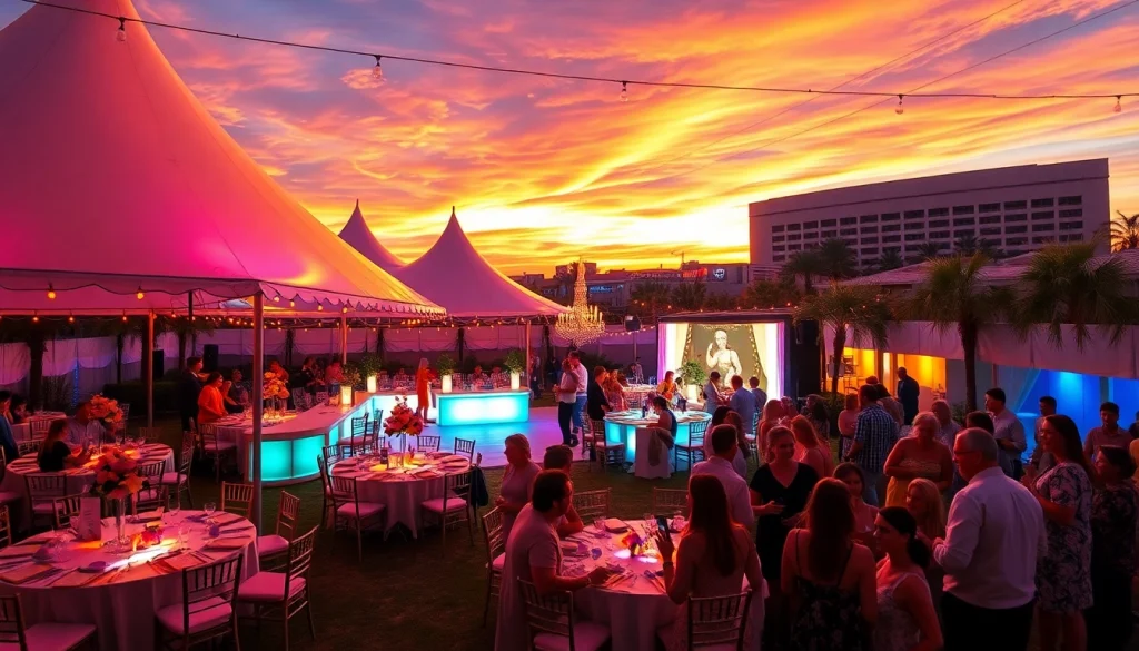Las Vegas Party Rentals setup with colorful tents, tables, and happy guests enjoying an outdoor event.