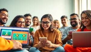 Engaged players enjoying the जलवा गेम on mobile and laptop screens with vibrant colors and happy expressions.