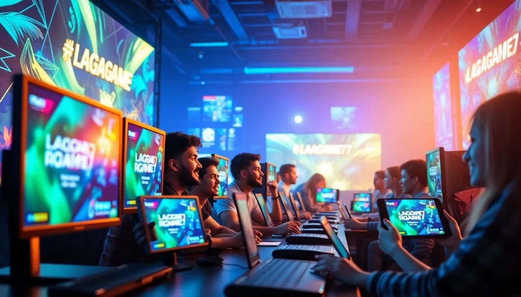 LAGAGAME77 platform showcasing excited gamers interacting with vibrant digital interfaces in a dynamic online gaming environment.