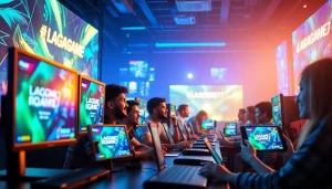 LAGAGAME77 platform showcasing excited gamers interacting with vibrant digital interfaces in a dynamic online gaming environment.