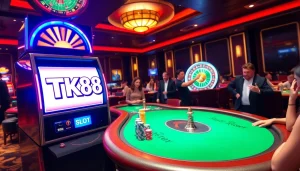 Engaging players enjoying a thrilling TK88 slot machine experience in a luxurious casino setting.