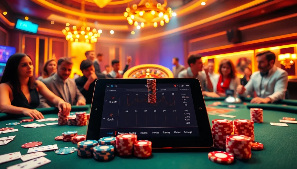 Exciting casino scene featuring Tool xổ số siêu tốc with poker chips, cards, and roulette wheel.