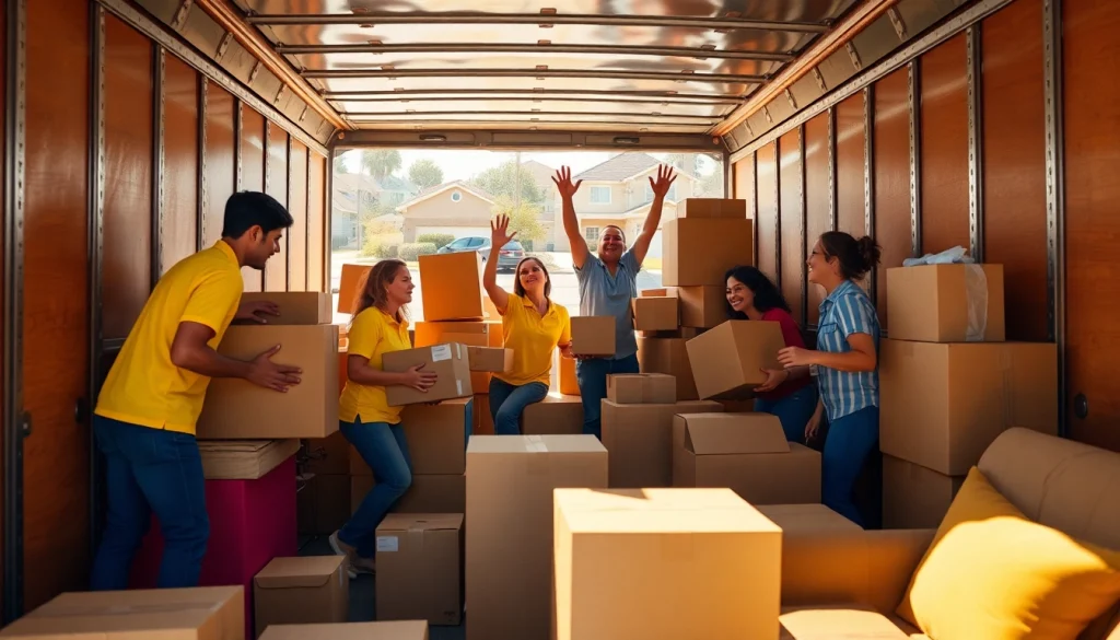 Moving Experts efficiently loading a truck in a sunny suburban setting.