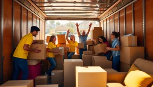 Moving Experts efficiently loading a truck in a sunny suburban setting.