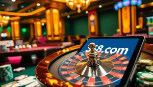 Experience vibrant gambling excitement at S8.com with a luxury casino atmosphere filled with poker chips and roulette.