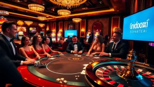 Engage in high-stakes poker at Indoxxi's luxurious casino with flashing slot machines.