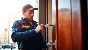 Schlüsseldienst Mannheim öffnet professionell eine Tür in städtischer Umgebung und demonstriert Fachkompetenz und Zuverlässigkeit.