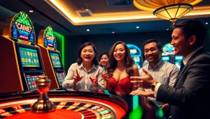 A vibrant SBOBET casino scene showcasing online betting excitement with engaging poker and slot visuals.
