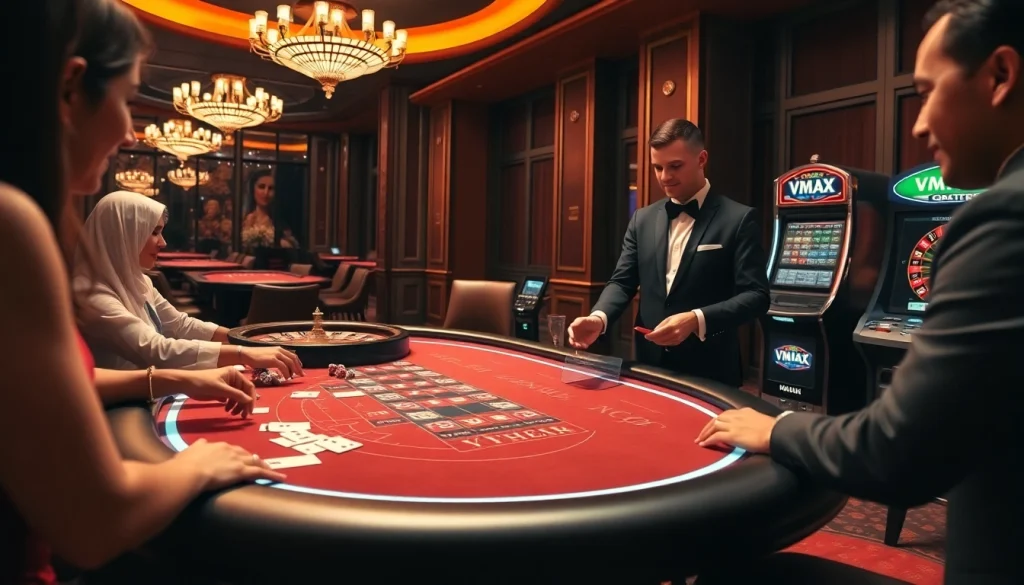 Players enjoying a thrilling game at the VMAX casino table, showcasing excitement and action.