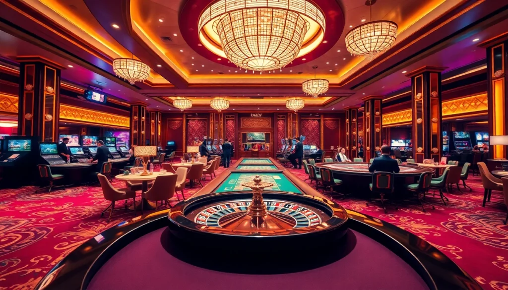 A dynamic casino scene at nhà cái tobet88 featuring players at poker and roulette tables, showcasing excitement and professionalism.