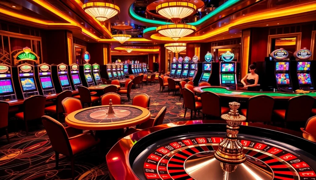 Nohu-themed casino scene showcasing poker tables, roulette wheel, and vibrant slot machines.