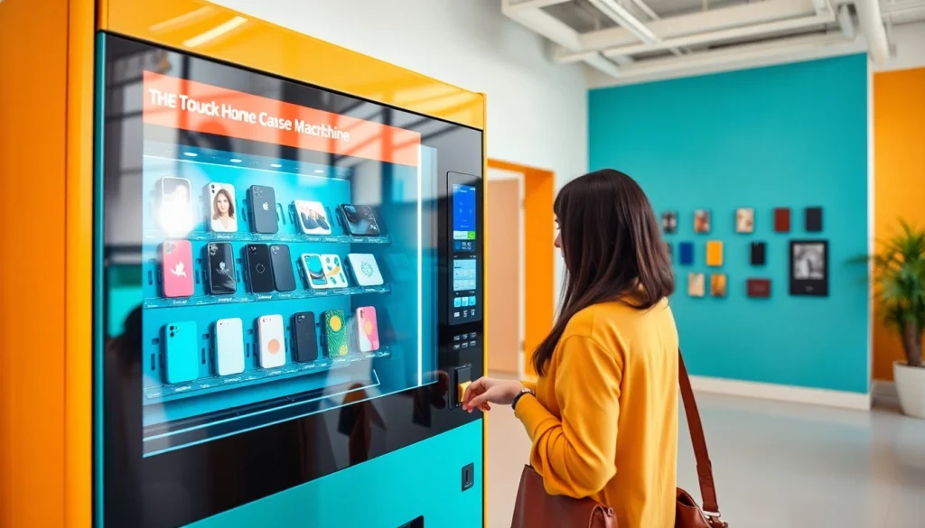 Interactive phone case vending machine offering customization in a modern retail space.