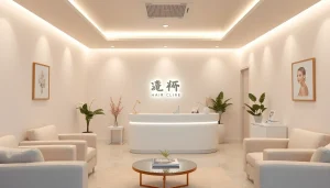 快適さと専門性を重視した、女性の薄毛治療クリニックの歓迎シーン。