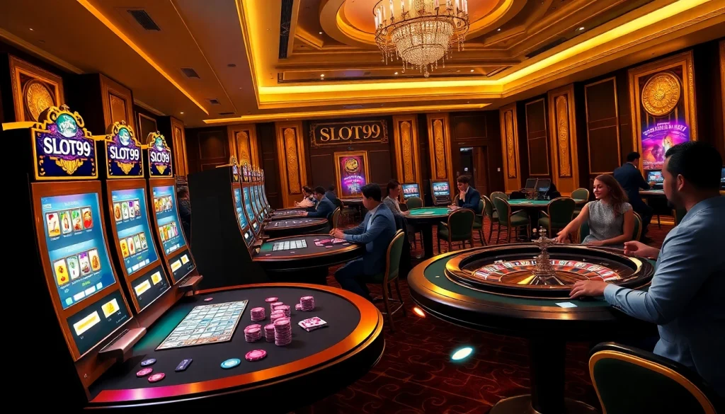SLOT99 online gaming interface showcasing vibrant slot machines and professional casino tables.