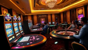 SLOT99 online gaming interface showcasing vibrant slot machines and professional casino tables.