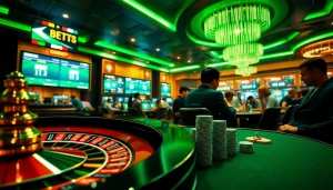 Placing bets on tỷ lệ kèo nhà cái with stylish poker chips and a roulette wheel in a vibrant casino.