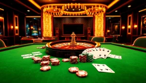 Experience thrilling gameplay at thabet.com with luxurious casino elements like poker chips and a roulette wheel.
