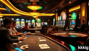 K9K9 casino atmosphere with poker chips, cards, and slot machines showcasing luxury and excitement.