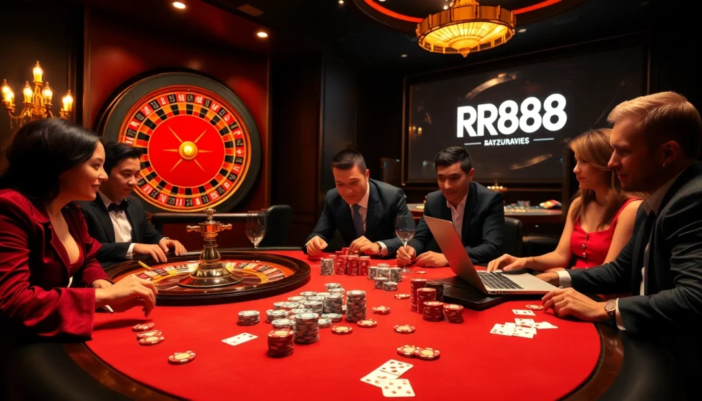 Experience high-stakes gaming excitement with RR88 at a luxurious casino table scene.