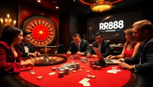 Experience high-stakes gaming excitement with RR88 at a luxurious casino table scene.