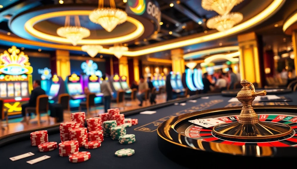 Exciting casino scene highlighting tt88 gaming tables and vibrant poker chips.