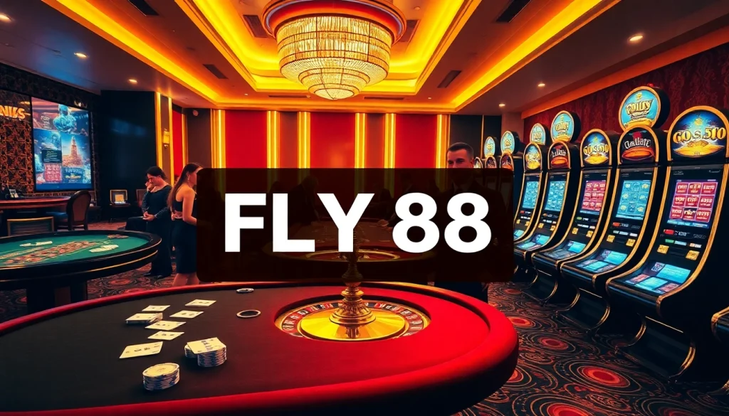 Gamblers enjoying the exciting atmosphere at FLY 88 casino with poker chips and roulette table.