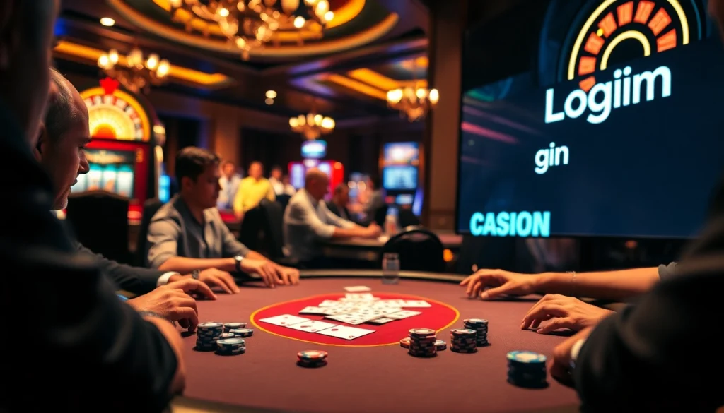 Login to your account while enjoying an intense poker game at a luxurious casino table.