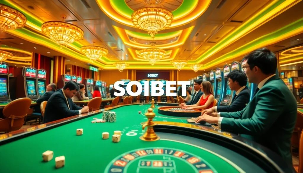 Experience the excitement of SOIBET with engaging casino scenes featuring luxury tables and vibrant slot machines.