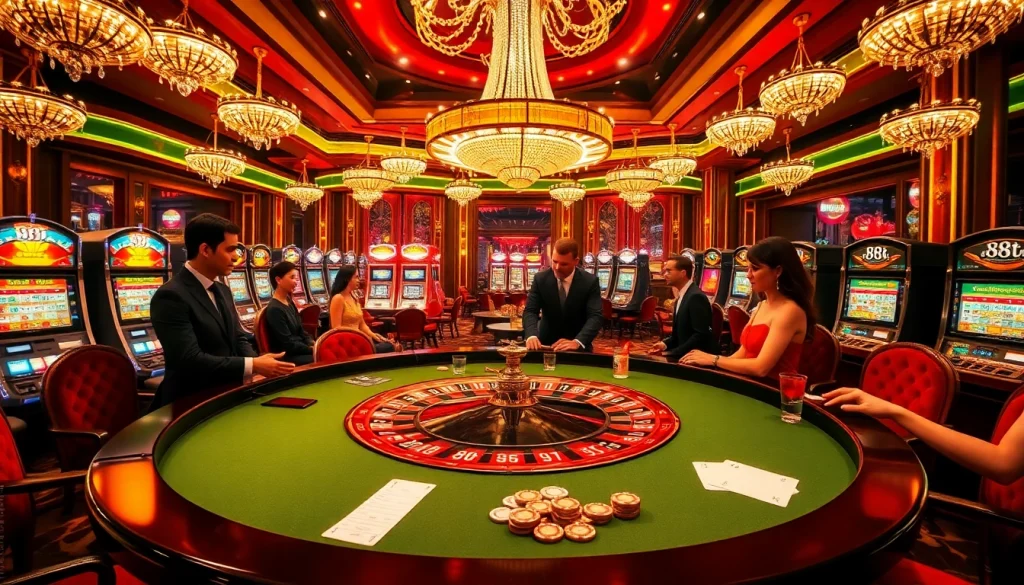 High-stakes poker players engaging with chips and tables in a vibrant casino scene themed around 88t.
