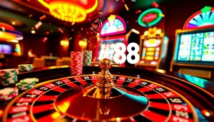 Experience the thrill of Bet88 đăng nhập with winning poker chips and a spinning roulette wheel.
