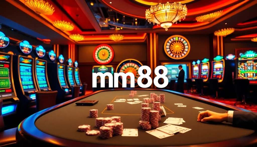 Experience the thrill of mm88 with a dynamic casino scene showcasing poker and slot action.