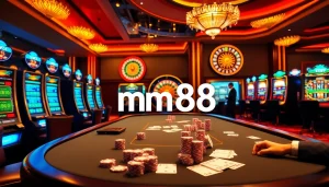 Experience the thrill of mm88 with a dynamic casino scene showcasing poker and slot action.