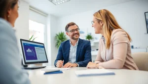 Migration agent in Brisbane consulting clients in a professional office, showcasing expertise and support.